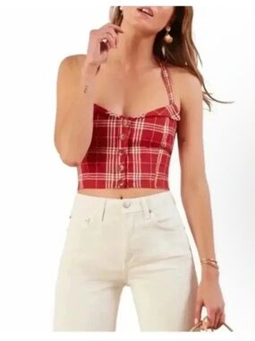 Reformation red linen plaid button up cropped halter neck tank top